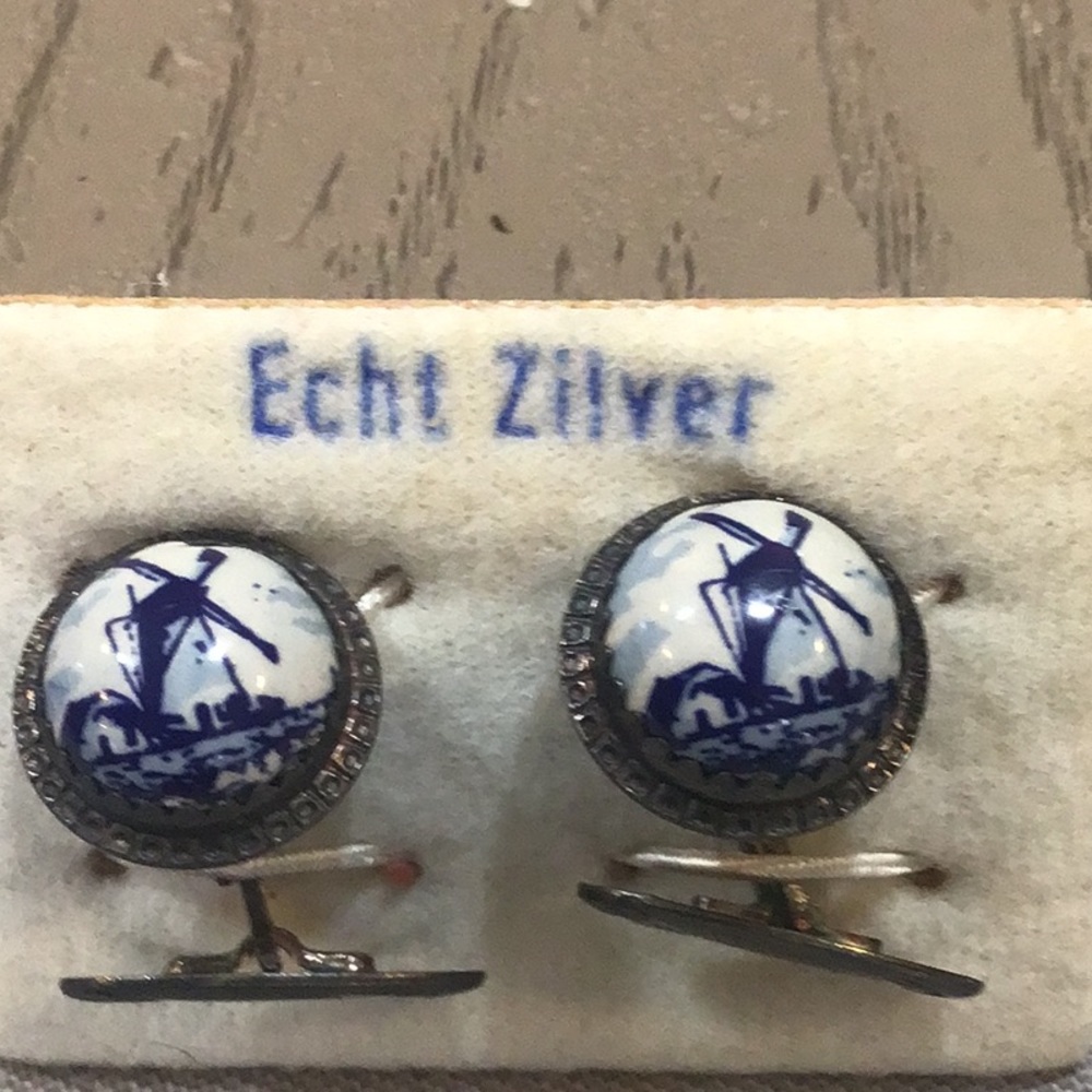 Vintage Delft Blue Dutch Windmill Cufflinks - Picture 5 of 5
